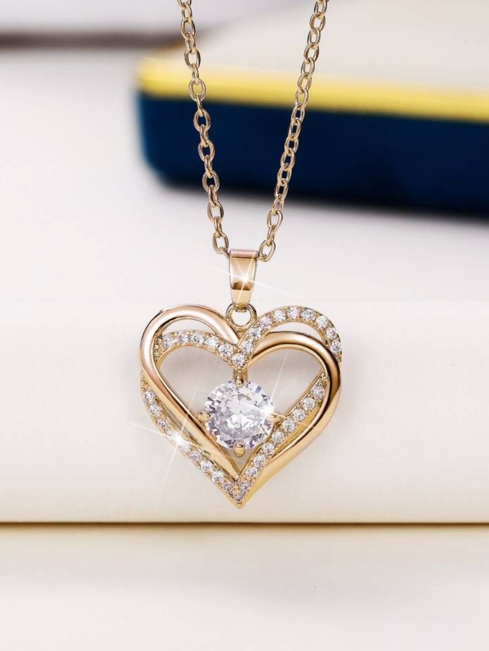 Yellow Gold Heart Pendant Necklace with Crystal Accent